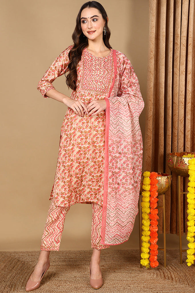 Pink Pure Cotton Geometric Printed Straight Suit Set VKSKD2045