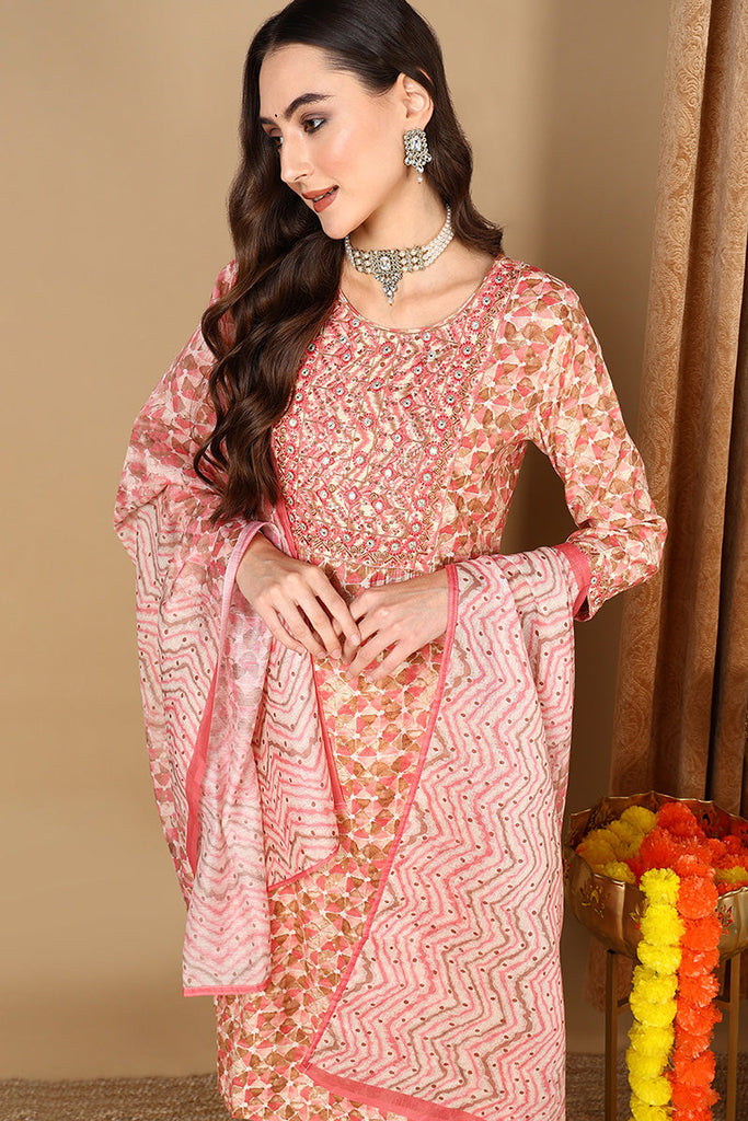 Pink Pure Cotton Geometric Printed Straight Suit Set VKSKD2045