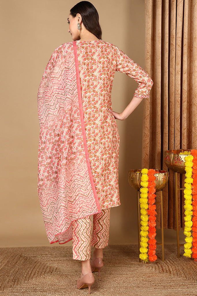 Pink Pure Cotton Geometric Printed Straight Suit Set VKSKD2045