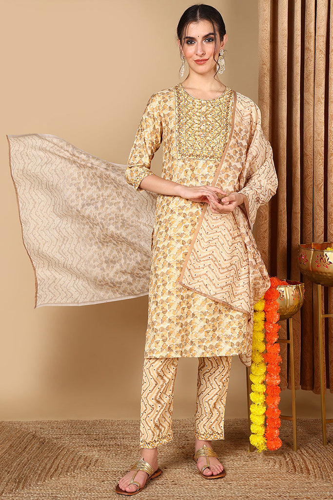 Beige Pure Cotton Geometric Printed Suit Set VKSKD2046