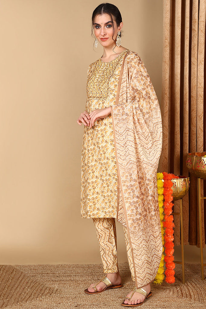 Beige Pure Cotton Geometric Printed Suit Set VKSKD2046