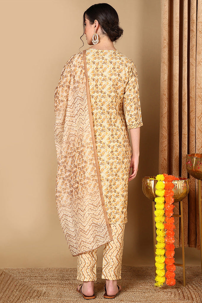 Beige Pure Cotton Geometric Printed Suit Set VKSKD2046