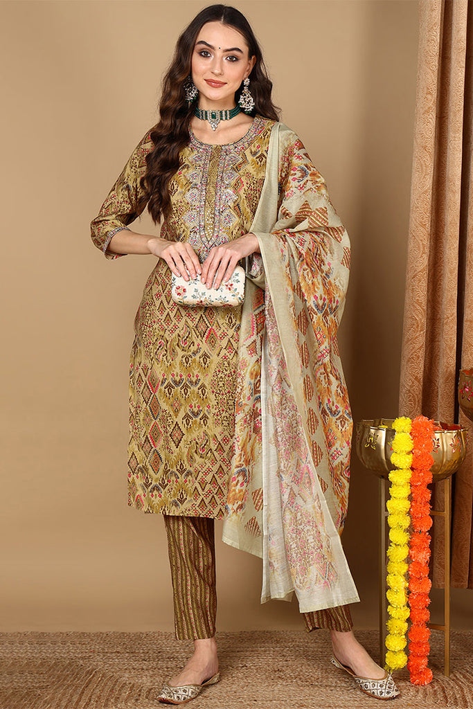 Mustard Yellow Cotton Geometric Printed Straight Suit Set VKSKD2047