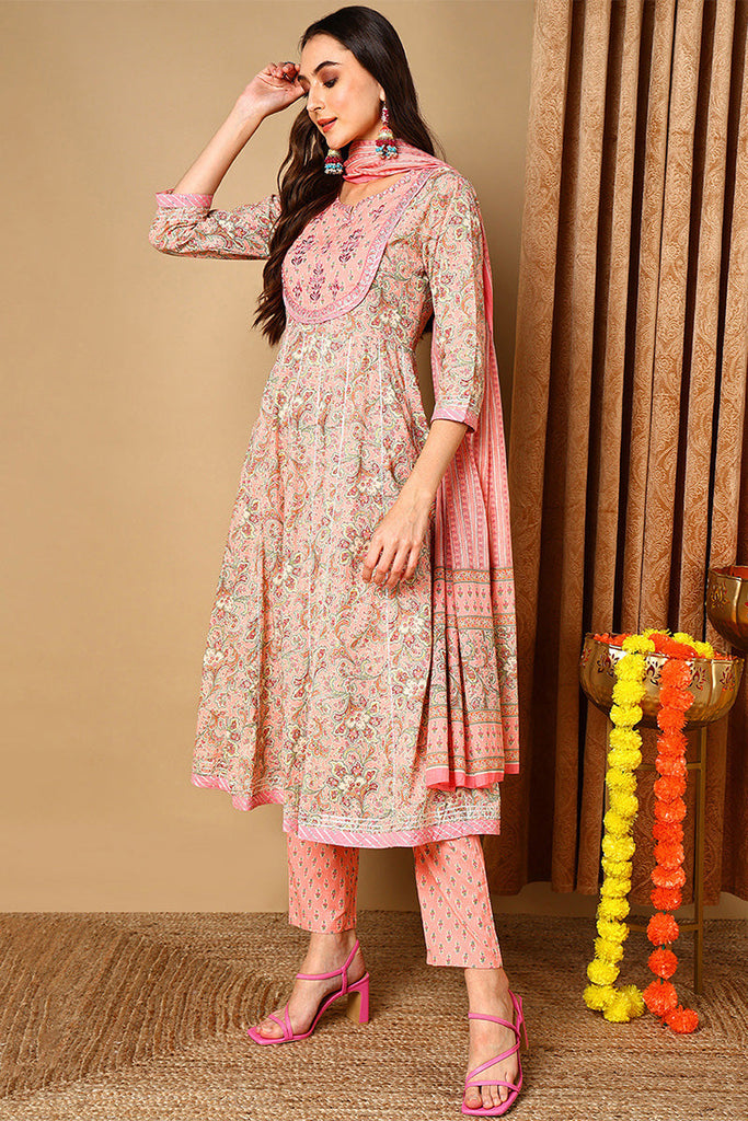 Peach Pure Cotton Ethnic Motifs Printed Anarkali Style Suit Set VKSKD2049