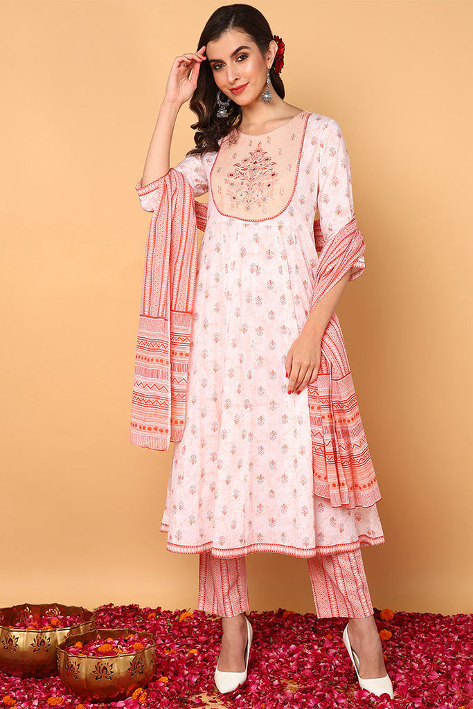 Peach Pure Cotton Ethnic Motifs Yoke Design Flared Suit Set VKSKD2053