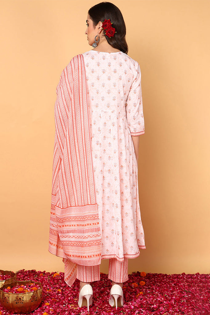 Peach Pure Cotton Ethnic Motifs Yoke Design Flared Suit Set VKSKD2053