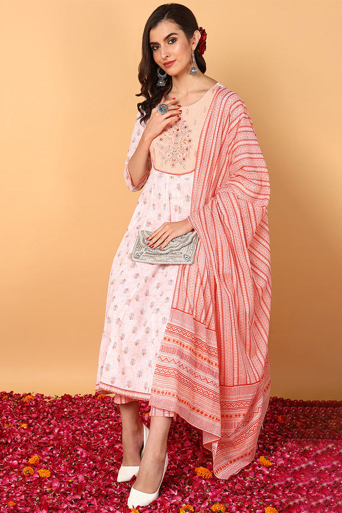 Peach Pure Cotton Ethnic Motifs Yoke Design Flared Suit Set VKSKD2053