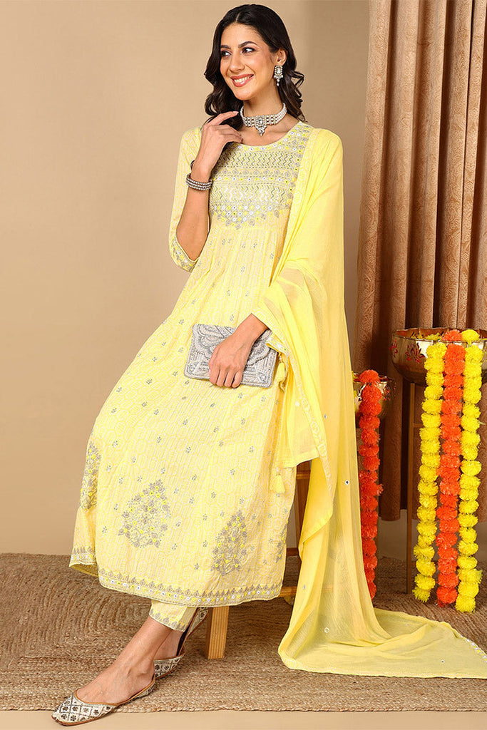 Yellow Pure Cotton Geometric Printed Embroidered Anarkali Suit Set VKSKD2059