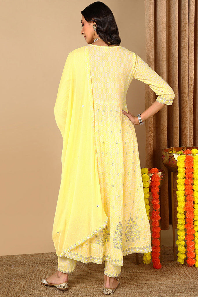 Yellow Pure Cotton Geometric Printed Embroidered Anarkali Suit Set VKSKD2059