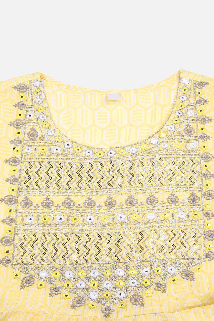 Yellow Pure Cotton Geometric Printed Embroidered Anarkali Suit Set VKSKD2059