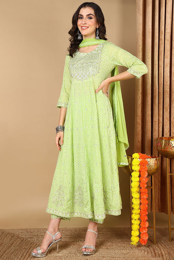 Green Pure Cotton Geometric Printed Straight Suit Set VKSKD2060