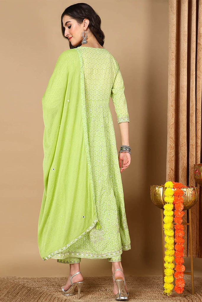 Green Pure Cotton Geometric Printed Straight Suit Set VKSKD2060