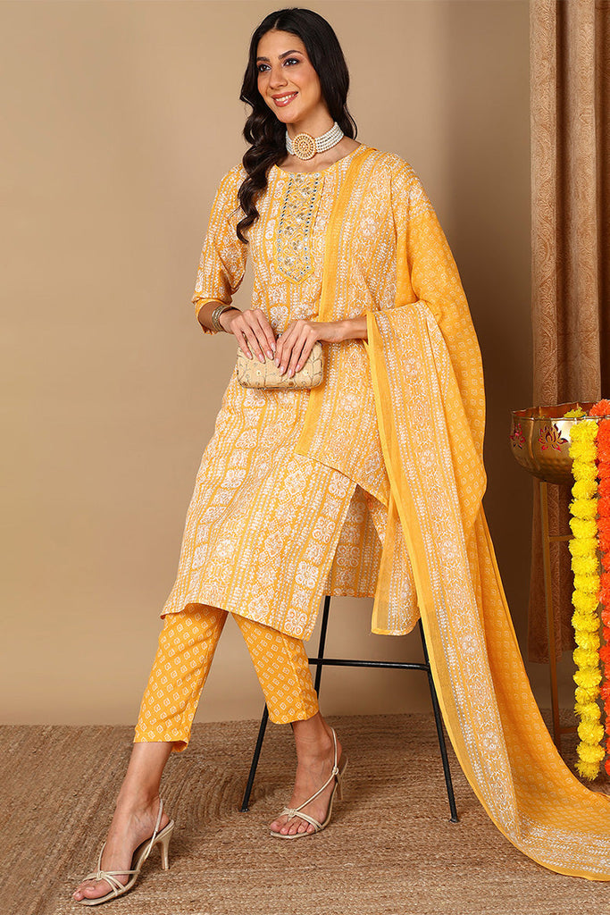 Yellow Poly Cotton Ethnic Motifs Printed Embroidered Straight Suit Set VKSKD2062