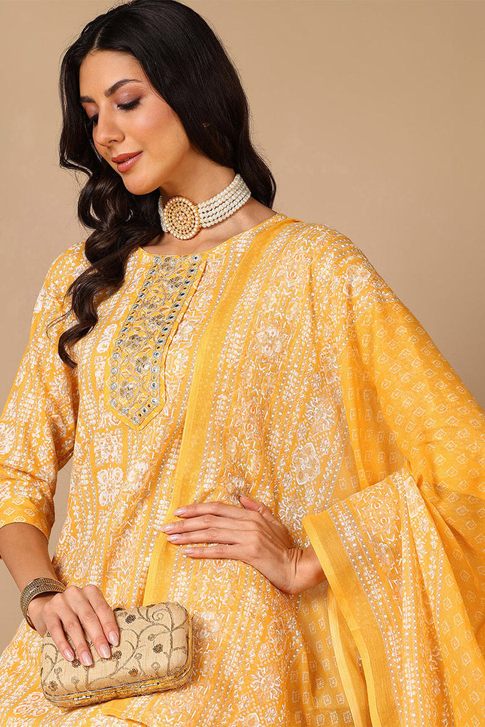 Yellow Poly Cotton Ethnic Motifs Printed Embroidered Straight Suit Set VKSKD2062