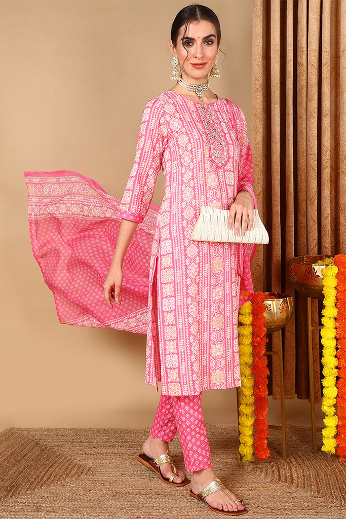 Pink Poly Cotton Ethnic Motifs Printed Suit Set VKSKD2063