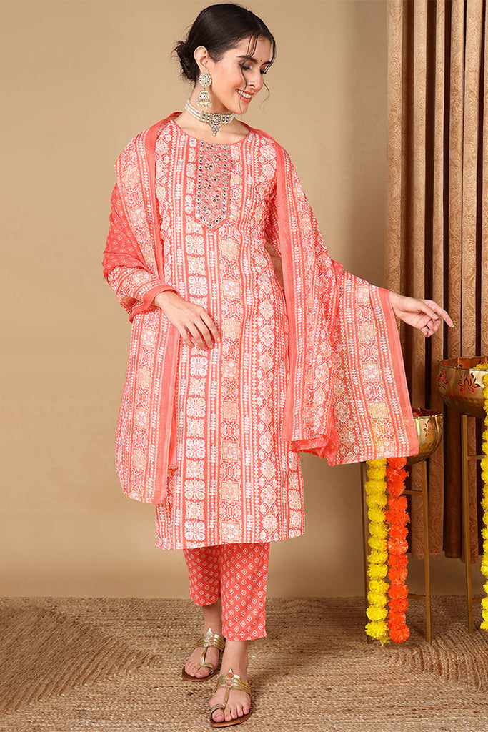 Peach Poly Cotton Printed Ethnic Motifs Suit Set VKSKD2064