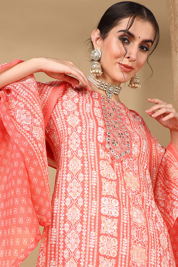 Peach Poly Cotton Printed Ethnic Motifs Suit Set VKSKD2064