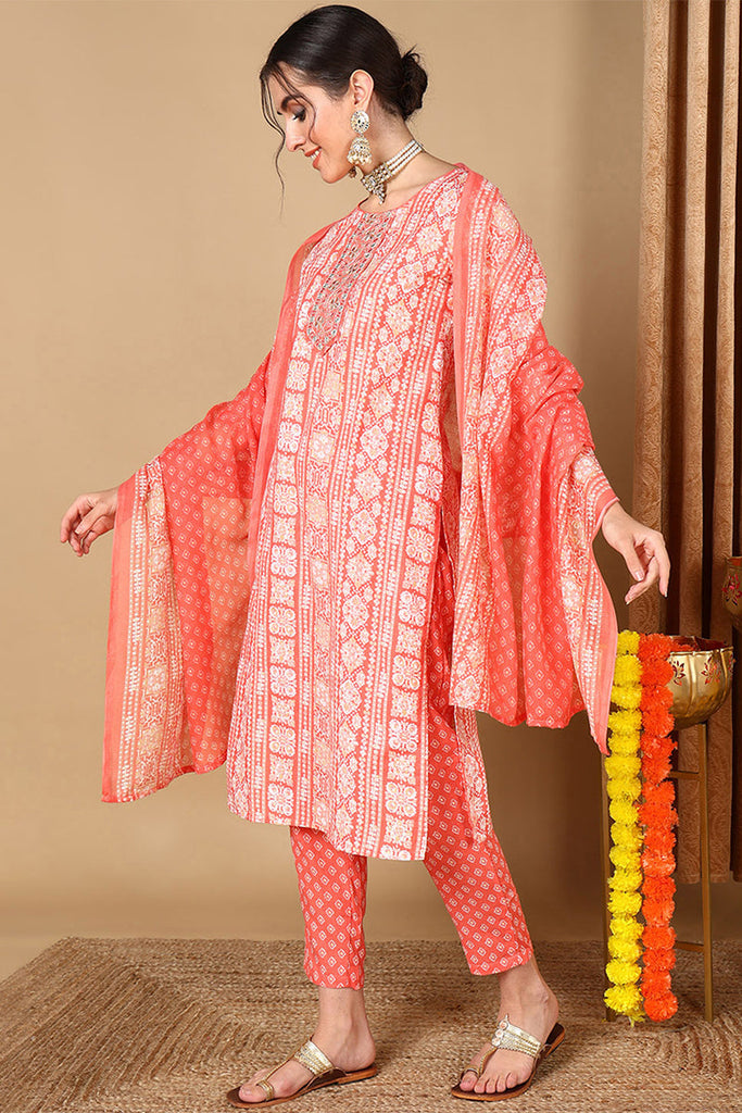 Peach Poly Cotton Printed Ethnic Motifs Suit Set VKSKD2064