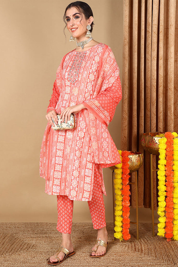 Peach Poly Cotton Printed Ethnic Motifs Suit Set VKSKD2064