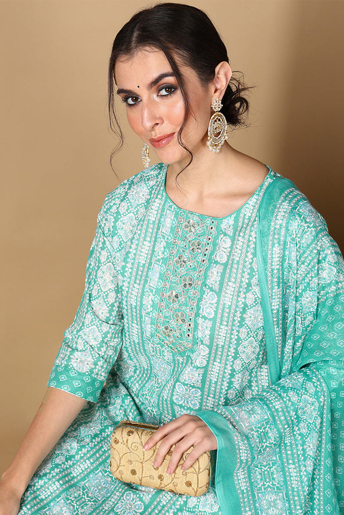 Turquoise Blue Poly Cotton Ethnic Motifs Printed Suit Set VKSKD2065