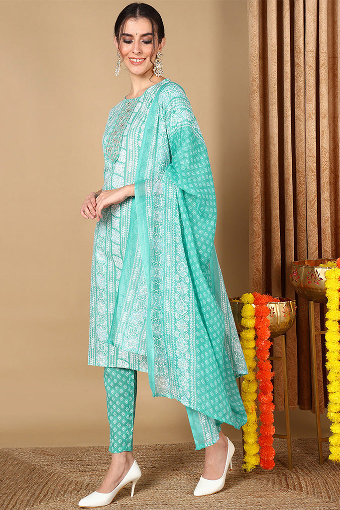 Turquoise Blue Poly Cotton Ethnic Motifs Printed Suit Set VKSKD2065