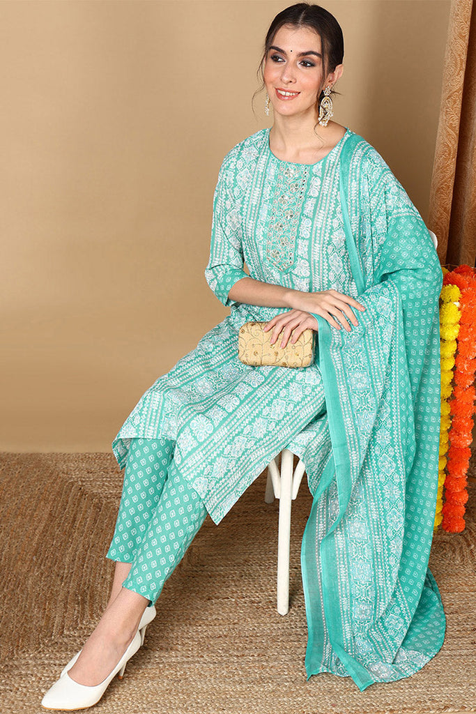 Turquoise Blue Poly Cotton Ethnic Motifs Printed Suit Set VKSKD2065