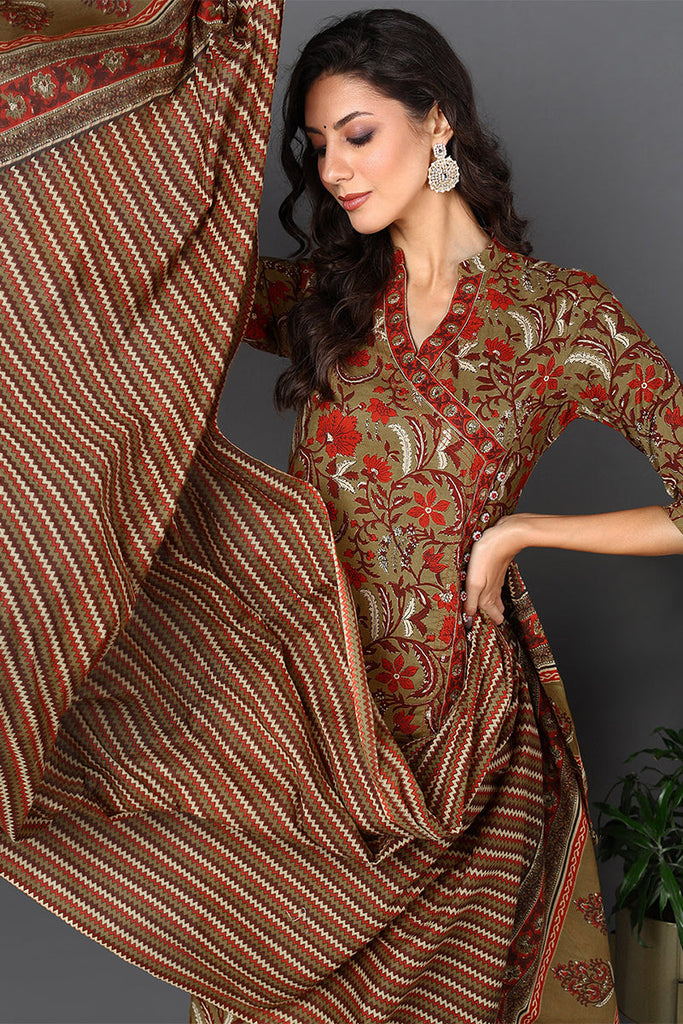 Brown Pure Cotton Ethnic Motifs Printed Angharkha Style Suit Set VKSKD2066