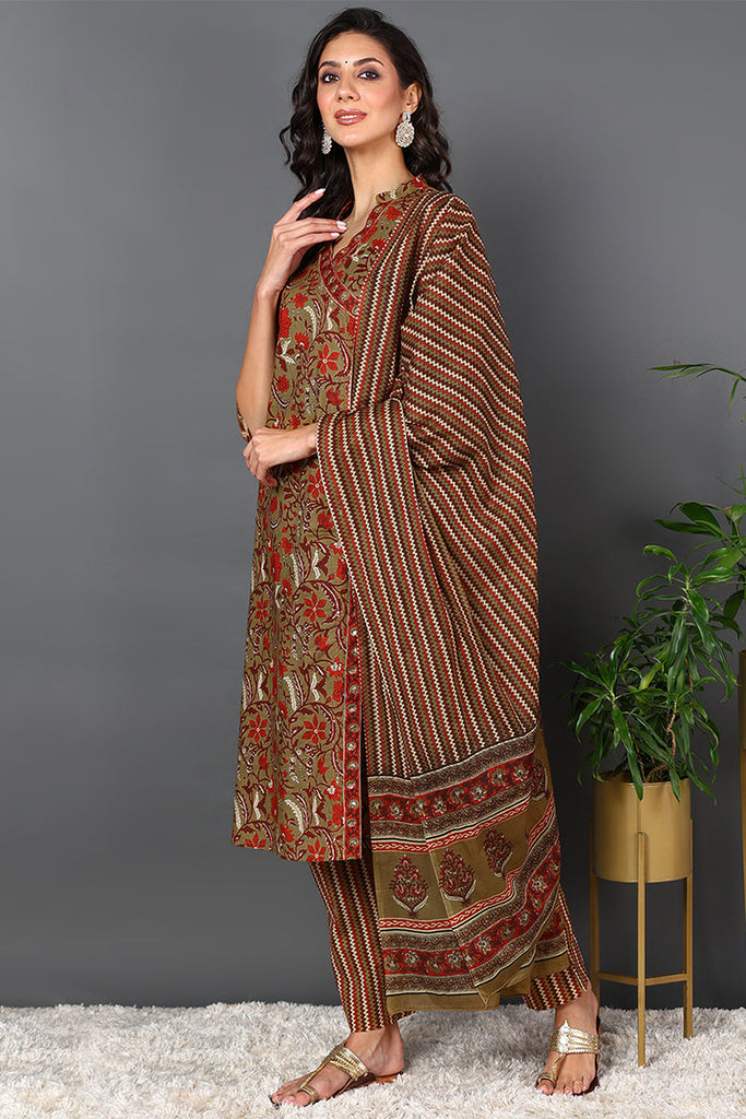 Brown Pure Cotton Ethnic Motifs Printed Angharkha Style Suit Set VKSKD2066