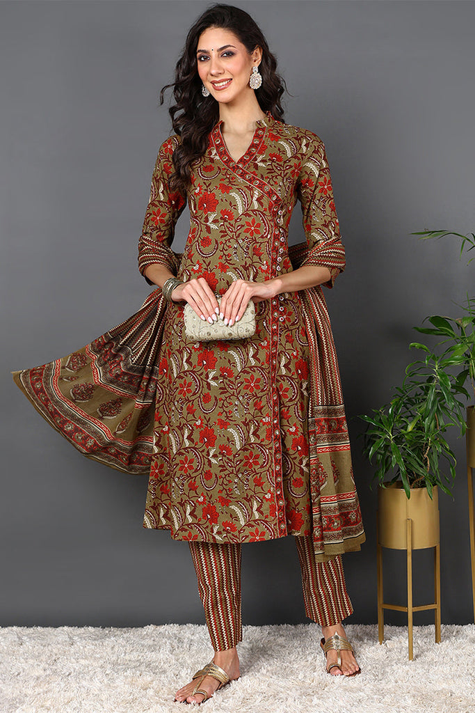 Brown Pure Cotton Ethnic Motifs Printed Angharkha Style Suit Set VKSKD2066