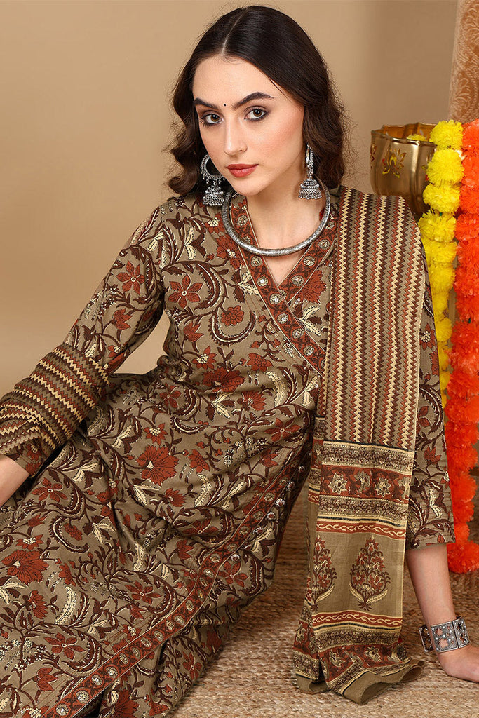 Taupe Pure Cotton Floral Printed Angharkha Suit Set VKSKD2068