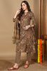 Taupe Pure Cotton Floral Printed Angharkha Suit Set VKSKD2068