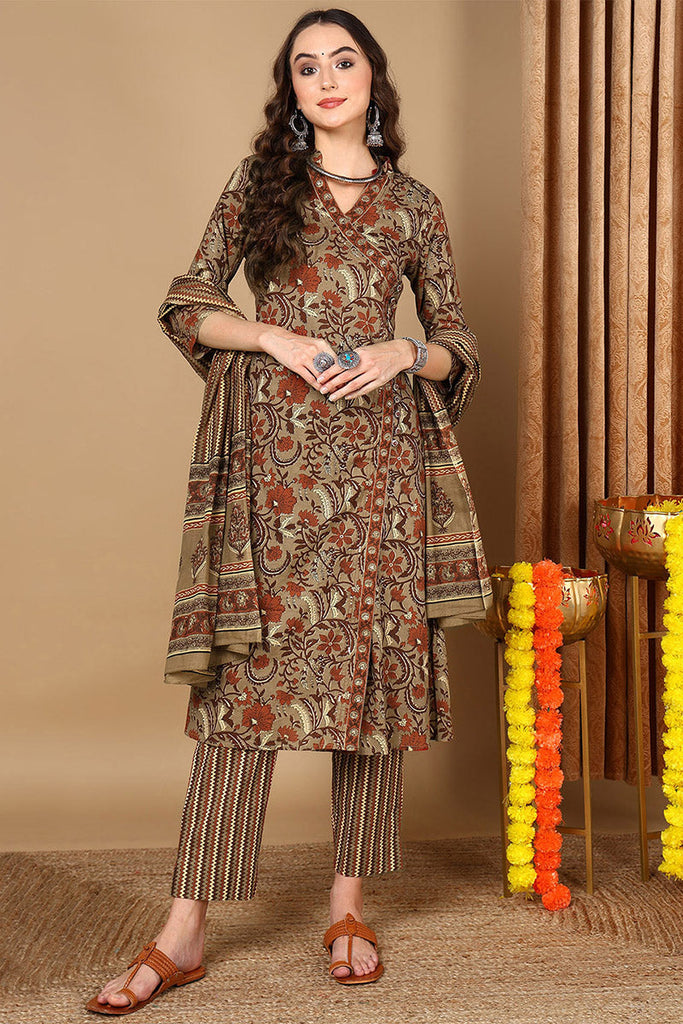 Taupe Pure Cotton Floral Printed Angharkha Suit Set VKSKD2068