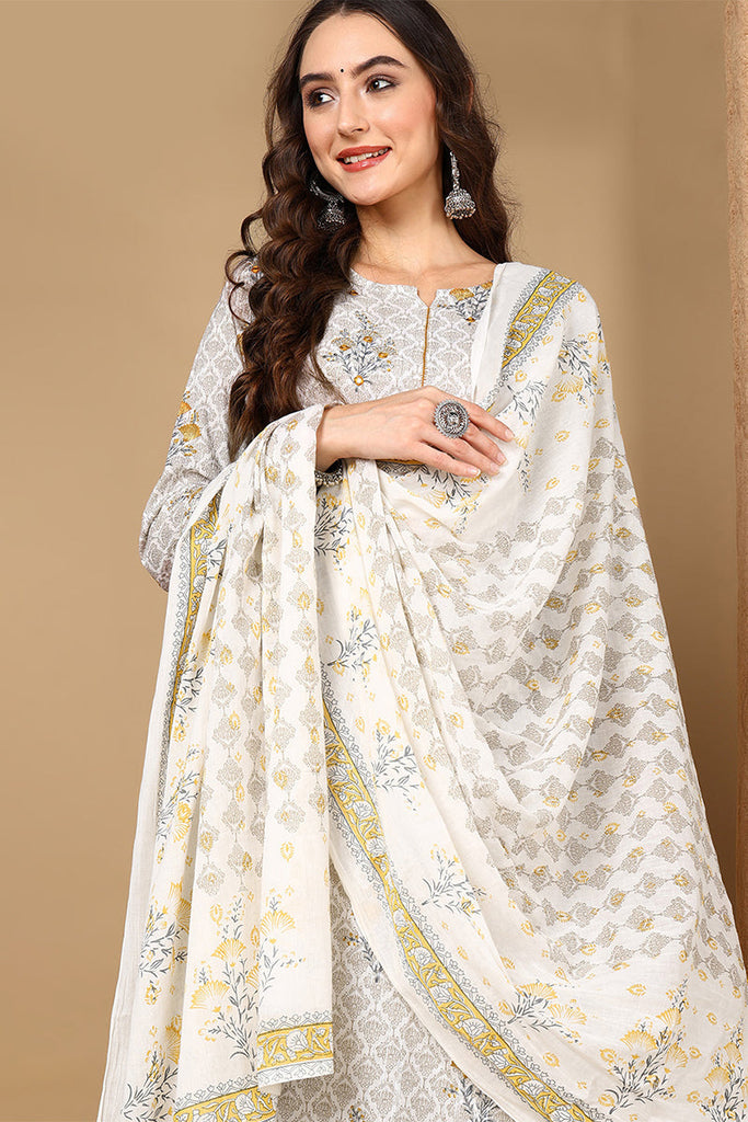 Off White Pure Cotton Ethnic Printed Straight Suit Set VKSKD2070