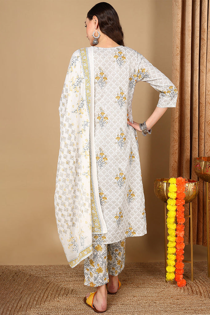 Off White Pure Cotton Ethnic Printed Straight Suit Set VKSKD2070