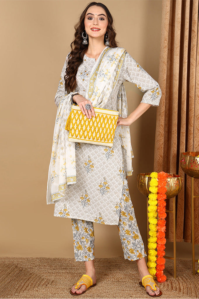 Off White Pure Cotton Ethnic Printed Straight Suit Set VKSKD2070