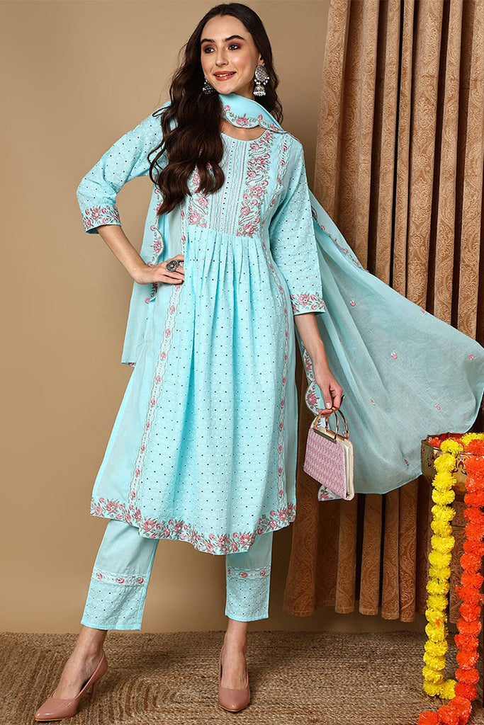 Blue Pure Cotton Solid Embroidered Straight Suit Set VKSKD2072