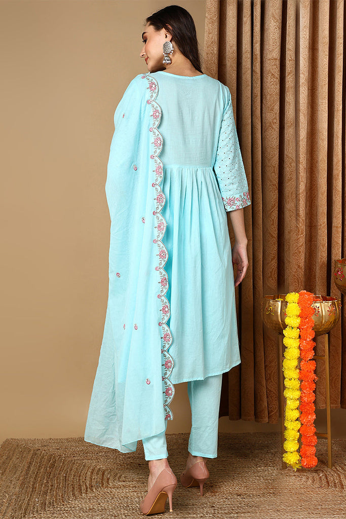 Blue Pure Cotton Solid Embroidered Straight Suit Set VKSKD2072