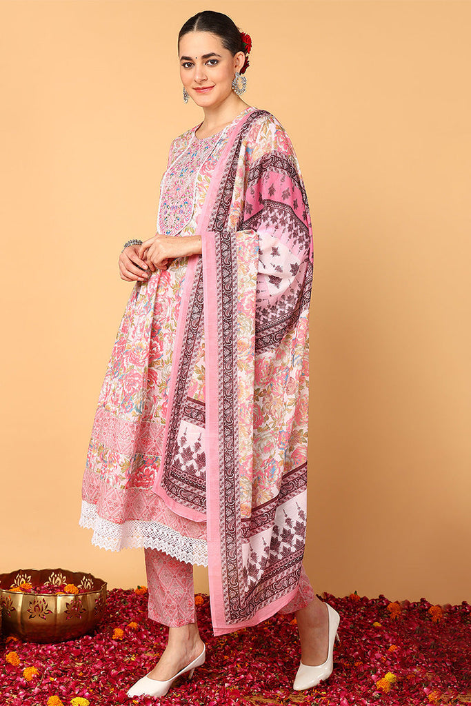 Pink Pure Cotton Floral Printed Flared Style Suit Set VKSKD2075