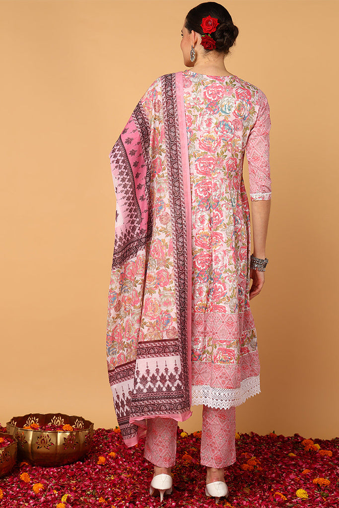 Pink Pure Cotton Floral Printed Flared Style Suit Set VKSKD2075