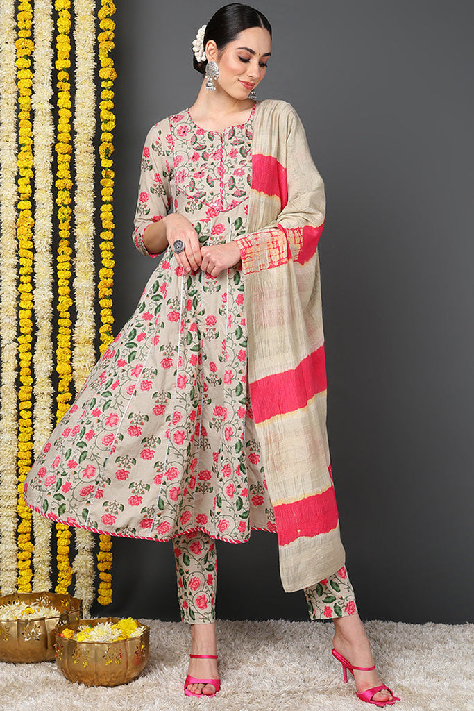 Beige Pure Cotton Floral Yoke Design Flared Suit Set VKSKD2078