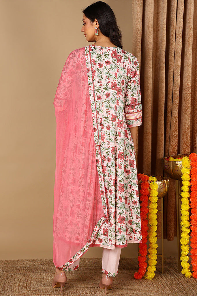 Pink Pure Cotton Floral Printed Anarkali Style Suit Set VKSKD2080