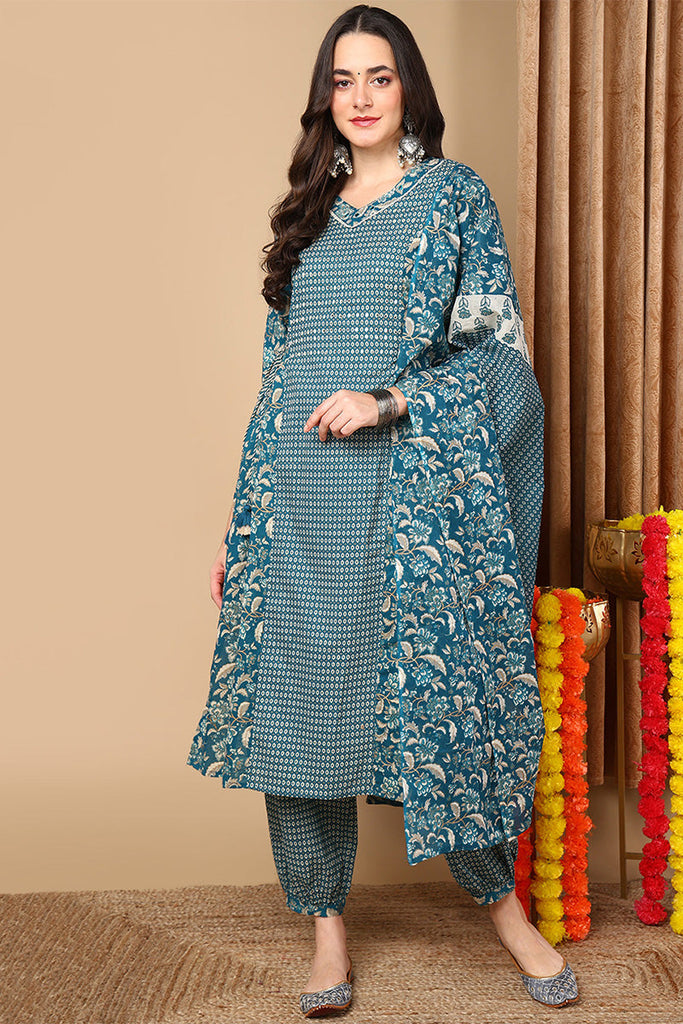 Blue Pure Cotton Floral Printed Flared Suit Set VKSKD2086