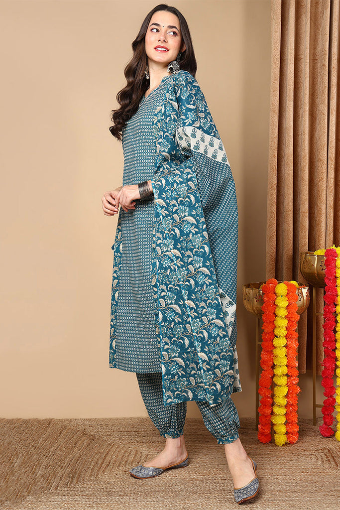 Blue Pure Cotton Floral Printed Flared Suit Set VKSKD2086