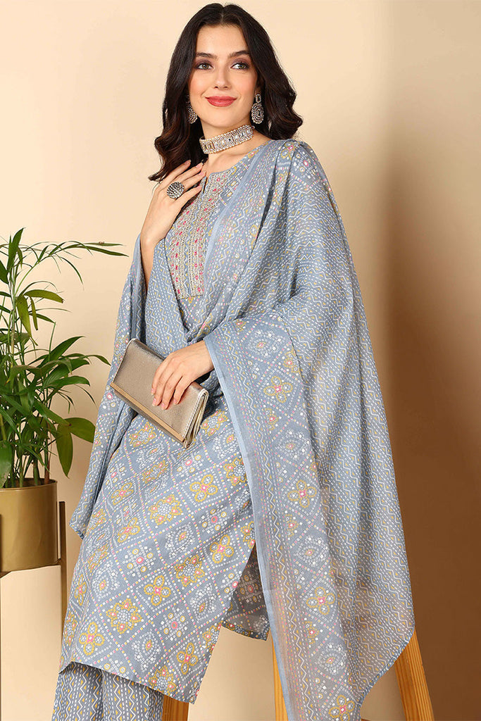 Grey Poly Cotton Bandhani Printed Straight Suit Set VKSKD2091