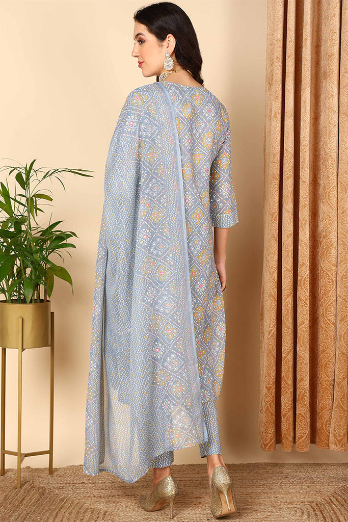 Grey Poly Cotton Bandhani Printed Straight Suit Set VKSKD2091