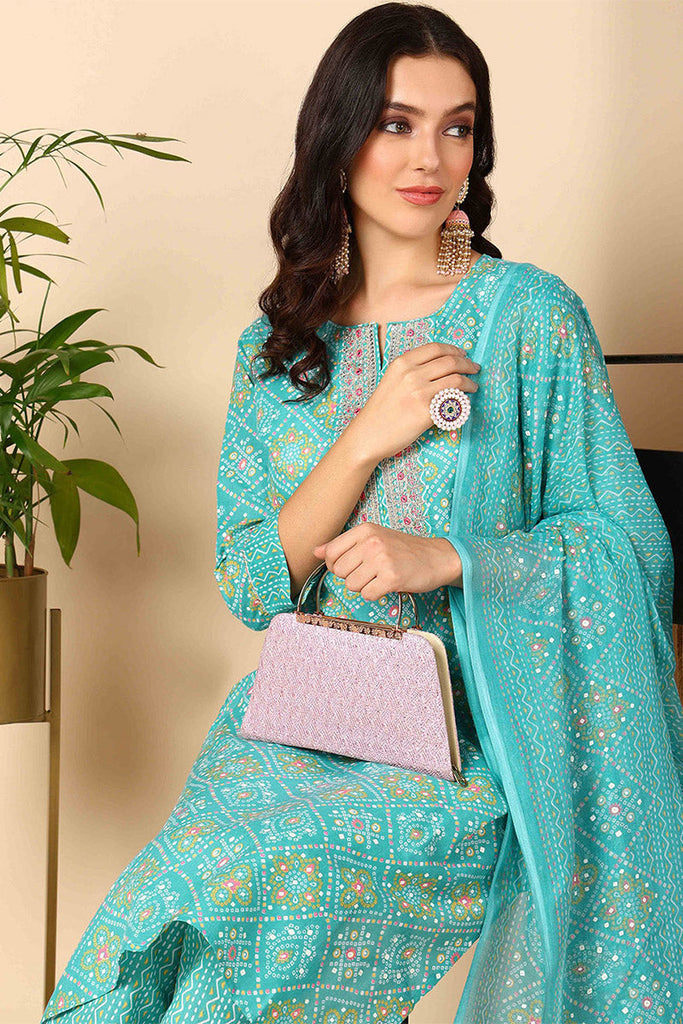 Turquoise Blue Poly Cotton Bandhani Printed Straight Suit Set VKSKD2092