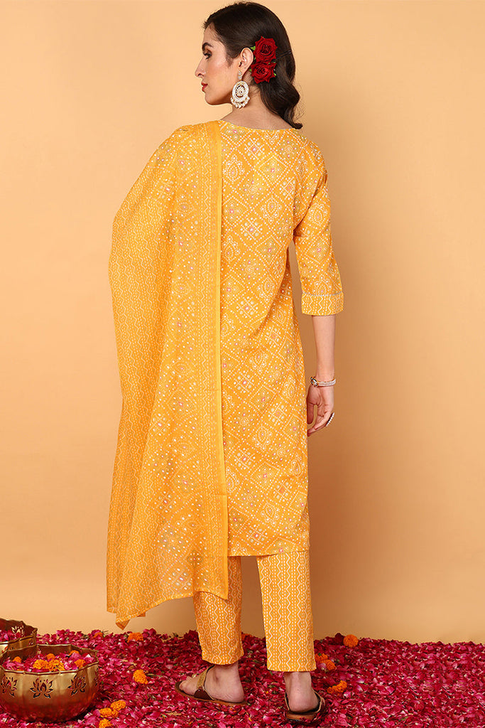 Yellow Poly Cotton Bandhani Printed Straight Suit Set VKSKD2093