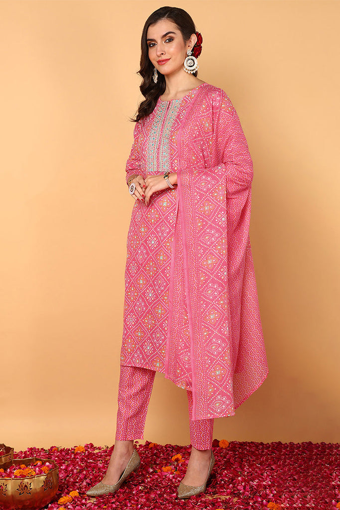 Pink Poly Cotton Bandhani Printed Straight Suit Set VKSKD2094