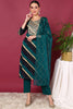 Navy Blue Viscose Rayon Leheriya Printed Yoke Design Straight Suit Set VKSKD2099