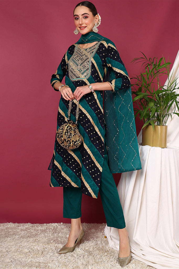 Navy Blue Viscose Rayon Leheriya Printed Yoke Design Straight Suit Set VKSKD2099